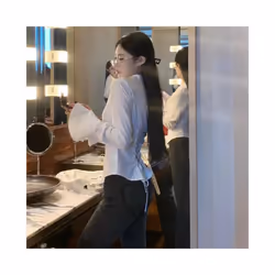 Women Sexy Slim Black White Chiffon Shirt Korean Fashion Tunic Back Lace-up Flare Sleeve Blouses Turn-down Collar Shirts Autumn - black, M