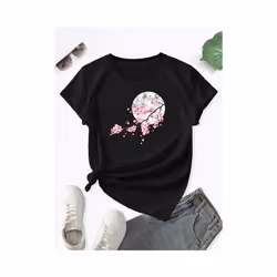 Floral Print Crew Neck T-Shirt, Casual Short Sleeve T-Shirt For Spring & Summer, Women's Clothing - Black, XL