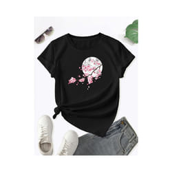 Floral Print Crew Neck T-Shirt, Casual Short Sleeve T-Shirt For Spring & Summer, Women's Clothing - Black, XL
