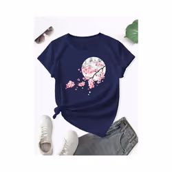 Floral Print Crew Neck T-Shirt, Casual Short Sleeve T-Shirt For Spring & Summer, Women's Clothing - Black, XL