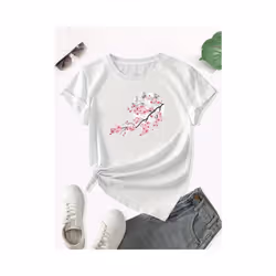 Floral Print Crew Neck T-Shirt, Casual Short Sleeve T-Shirt For Spring & Summer, Women's Clothing - White, S