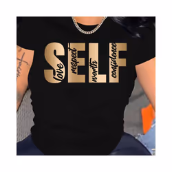 Letter Print Crew Neck T-Shirt, Casual Short Sleeve T-Shirt For Spring & Summer, Women's Clothing - FQ008W Black, XXXL