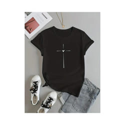 Cross Graphic Print Crew Neck T-shirt, Casual Short Sleeve T-shirt For Spring & Summer, Women's Clothing - XY68-Black, S