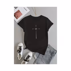 Cross Graphic Print Crew Neck T-shirt, Casual Short Sleeve T-shirt For Spring & Summer, Women's Clothing - XY68, XS