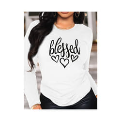Blessed Heart Print Crew Neck T shirt Casual Long Autumn winter top women's long sleeved T-shirt loose comfortable black  white - KY87-White, L