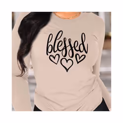 Blessed Heart Print Crew Neck T shirt Casual Long Autumn winter top women's long sleeved T-shirt loose comfortable black  whi ...
