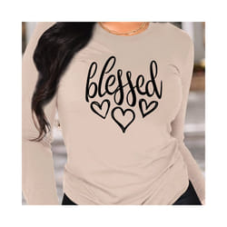 Blessed Heart Print Crew Neck T shirt Casual Long Autumn winter top women's long sleeved T-shirt loose comfortable black  white - KY87-Yellow, XL