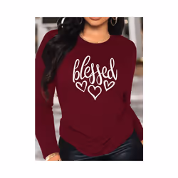 Blessed Heart Print Crew Neck T shirt Casual Long Autumn winter top women's long sleeved T-shirt loose comfortable black  white - KY87-Yellow, XL
