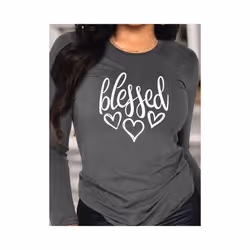 Blessed Heart Print Crew Neck T shirt Casual Long Autumn winter top women's long sleeved T-shirt loose comfortable black  whi ...