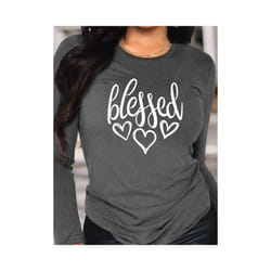 Blessed Heart Print Crew Neck T shirt Casual Long Autumn winter top women's long sleeved T-shirt loose comfortable black  white - KY87-grey, XXL