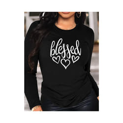 Blessed Heart Print Crew Neck T shirt Casual Long Autumn winter top women's long sleeved T-shirt loose comfortable black  white - KY87-Black, L