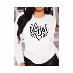 Blessed Heart Print Crew Neck T shirt Casual Long Autumn winter top women's long sleeved T-shirt loose comfortable black  white - KY87-Black, L
