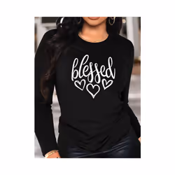 Blessed Heart Print Crew Neck T shirt Casual Long Autumn winter top women's long sleeved T-shirt loose comfortable black  whi ...
