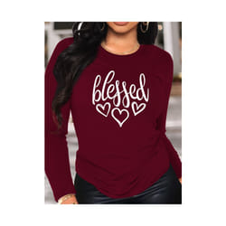 Blessed Heart Print Crew Neck T shirt Casual Long Autumn winter top women's long sleeved T-shirt loose comfortable black  white - KY87-red, S