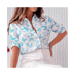 Autumn Women Floral Print Shirt Casual Long Sleeve Botton V Neck Tops Retro Slim Street Blouse Blusas Para Mujer - Blue, XXL