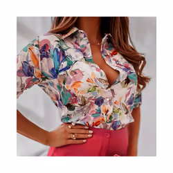 Autumn Women Floral Print Shirt Casual Long Sleeve Botton V Neck Tops Retro Slim Street Blouse Blusas Para Mujer - Beige, M