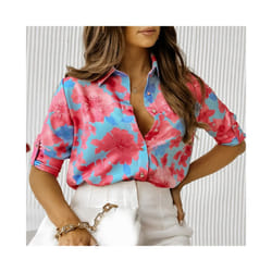 Autumn Women Floral Print Shirt Casual Long Sleeve Botton V Neck Tops Retro Slim Street Blouse Blusas Para Mujer - Pink, XXL