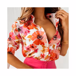 Autumn Women Floral Print Shirt Casual Long Sleeve Botton V Neck Tops Retro Slim Street Blouse Blusas Para Mujer - Red, M