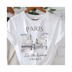 Paris Print T-shirt, Short Sleeve Crew Neck Casual Top for Summer & Spring, Women's Clothing - FQ821T White, XS