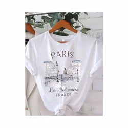 Paris Print T-shirt, Short Sleeve Crew Neck Casual Top for Summer & Spring, Women's Clothing - FQ821T White, XS