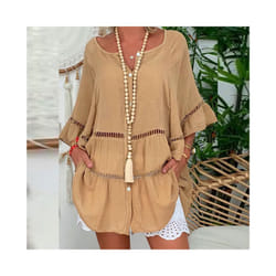 Summer Loose Casual Women's Tops And Blouses Three Quarter Sleeve Cotton Linen Shirts Button Hollow Over Size Long Top - Brown, XXL