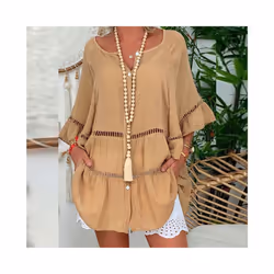 Summer Loose Casual Women's Tops And Blouses Three Quarter Sleeve Cotton Linen Shirts Button Hollow Over Size Long Top - Brow ...
