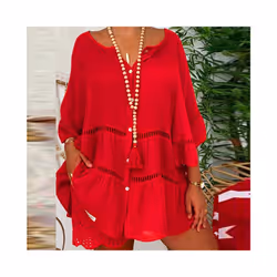 Summer Loose Casual Women's Tops And Blouses Three Quarter Sleeve Cotton Linen Shirts Button Hollow Over Size Long Top - Red, ...