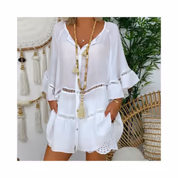 Summer Loose Casual Women's Tops And Blouses Three Quarter Sleeve Cotton Linen Shirts Button Hollow Over Size Long Top - Red, M