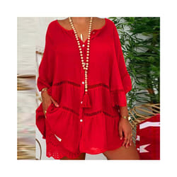 Summer Loose Casual Women's Tops And Blouses Three Quarter Sleeve Cotton Linen Shirts Button Hollow Over Size Long Top - Red, XXL