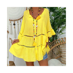 Summer Loose Casual Women's Tops And Blouses Three Quarter Sleeve Cotton Linen Shirts Button Hollow Over Size Long Top - Yellow, M