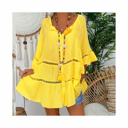 Summer Loose Casual Women's Tops And Blouses Three Quarter Sleeve Cotton Linen Shirts Button Hollow Over Size Long Top - Yell ...