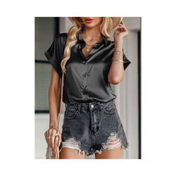 Summer Trend Fashion Women's Casual Elegant Satin Long Sleeved Shirt Office Women's Shirts And Blouses Slim Femal Clothes - black, XL