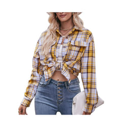 Ladies' Street Style Long Sleeved Shirt Autumn Button Up Collar Top Casual And Fashionable Oversized Loose Checkered Blouse New - yellow, L