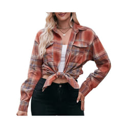 Ladies' Street Style Long Sleeved Shirt Autumn Button Up Collar Top Casual And Fashionable Oversized Loose Checkered Blouse New - Caramel color, XXL