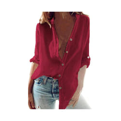 Oversized Autumn Cotton Linen Shirt Fashion Button Up Women Shirts White Casual Loose Tops Solid Rollable Sleeve Top Blusa - Red, M