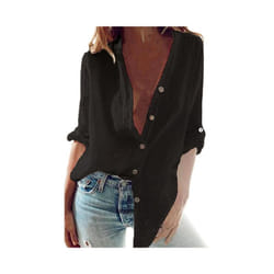 Oversized Autumn Cotton Linen Shirt Fashion Button Up Women Shirts White Casual Loose Tops Solid Rollable Sleeve Top Blusa - Black, M