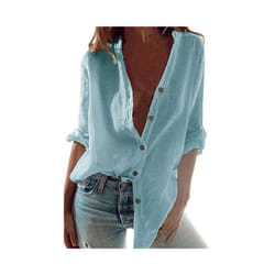 Oversized Autumn Cotton Linen Shirt Fashion Button Up Women Shirts White Casual Loose Tops Solid Rollable Sleeve Top Blusa - Blue, M