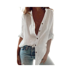 Oversized Autumn Cotton Linen Shirt Fashion Button Up Women Shirts White Casual Loose Tops Solid Rollable Sleeve Top Blusa - White, XL