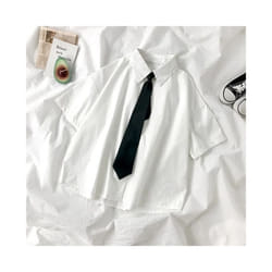 White Shirt Women Blusas Short Sleeve Lapel Blouse with Tie Japanese Fashion Student Summer Daily College Style Top - L, White with tie