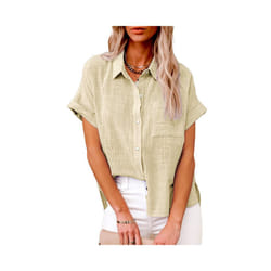 Summer Women's Cotton Shirt Linen Shirt Short Sleeve Casual Loose Shirt Camisa Blancas Para Mujeres Blusas Feminina - Beige, XL