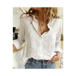 Women Casual Long Sleeve Cotton Linen Shirt Elegant Solid Cardigans Autumn Button Lapel Shirt Loose Oversized Blouse Tunics - White, XL
