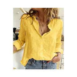 Women Casual Long Sleeve Cotton Linen Shirt Elegant Solid Cardigans Autumn Button Lapel Shirt Loose Oversized Blouse Tunics - Yellow, XL