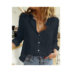 Women Casual Long Sleeve Cotton Linen Shirt Elegant Solid Cardigans Autumn Button Lapel Shirt Loose Oversized Blouse Tunics - Black, S