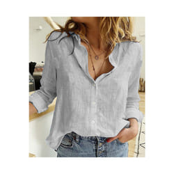 Women Casual Long Sleeve Cotton Linen Shirt Elegant Solid Cardigans Autumn Button Lapel Shirt Loose Oversized Blouse Tunics - Gray, S