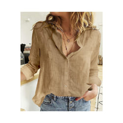 Women Casual Long Sleeve Cotton Linen Shirt Elegant Solid Cardigans Autumn Button Lapel Shirt Loose Oversized Blouse Tunics - Brown, XL