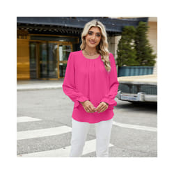 New Solid Color Round Neck Long Sleeved Loose Chiffon Top for Women - M, Barbie Pink