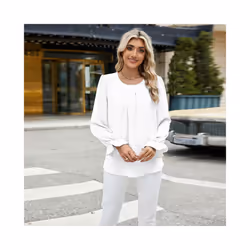 New Solid Color Round Neck Long Sleeved Loose Chiffon Top for Women - M, White