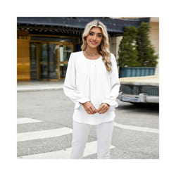 New Solid Color Round Neck Long Sleeved Loose Chiffon Top for Women - M, White