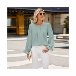 New Solid Color Round Neck Long Sleeved Loose Chiffon Top for Women - L, bean green