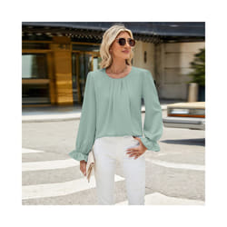 New Solid Color Round Neck Long Sleeved Loose Chiffon Top for Women - M, bean green